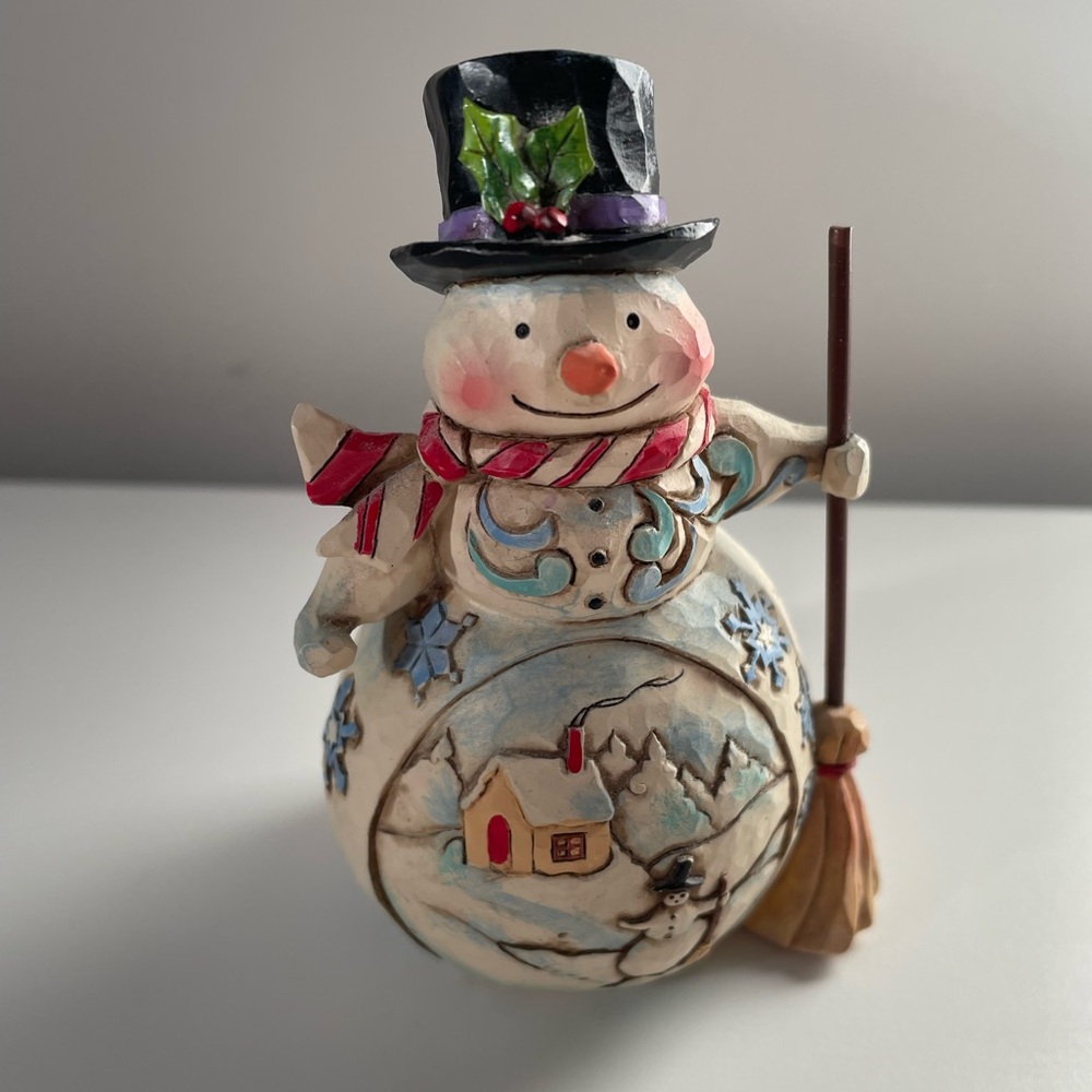 Jim shore Snowman with Scarf and Broom Figurine Holiday Decor 3.5 Inch